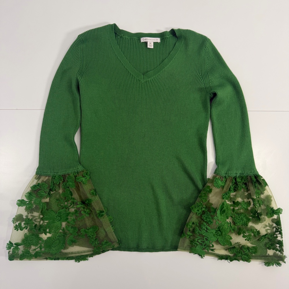 Green Ribbed V Neck Top Sheer Embroidered Bell Sleeve Cottagecore Fairy Boho M - Picture 11 of 11